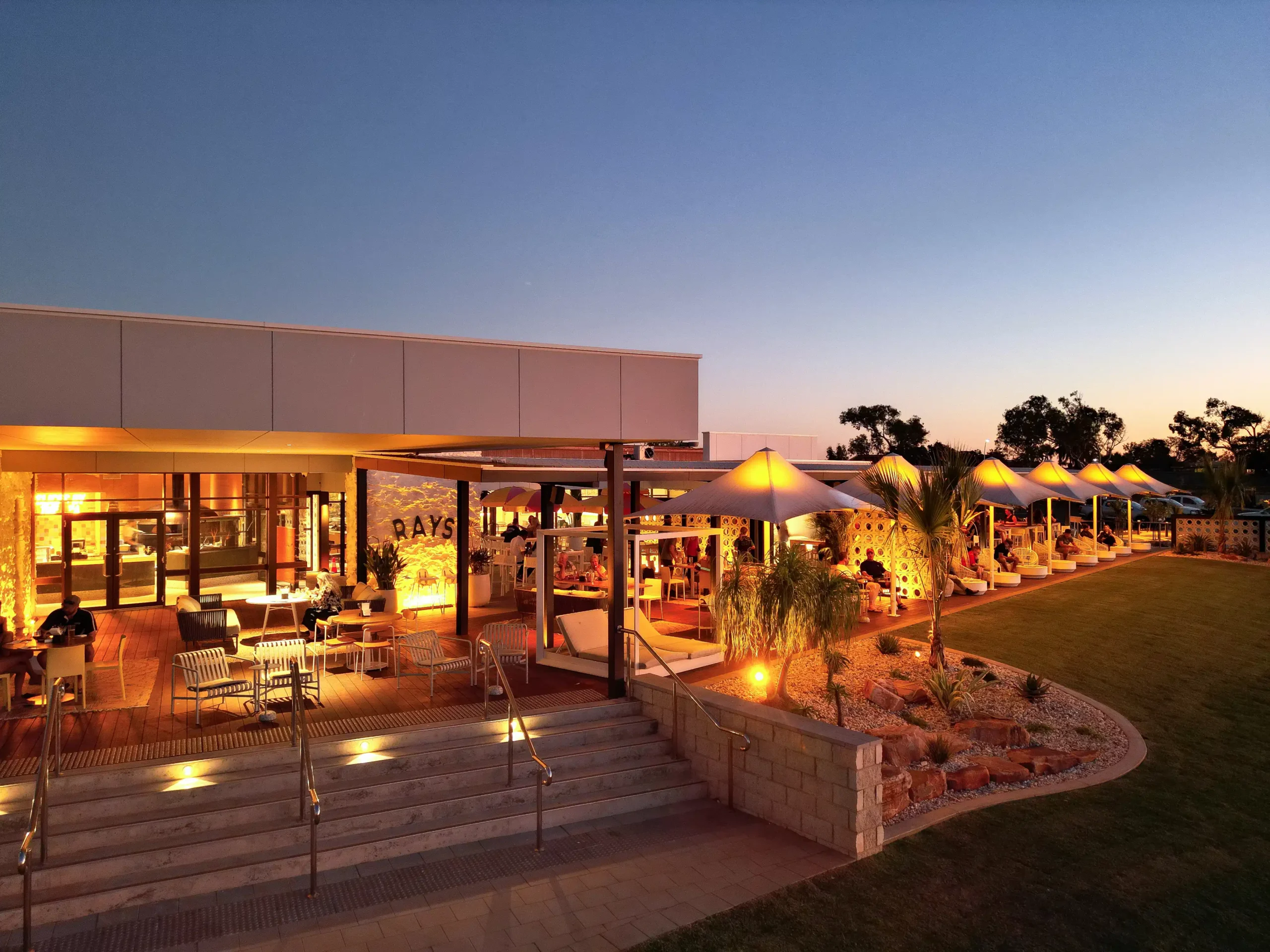 an aerial view of Rays at dusk showing the alfresco area