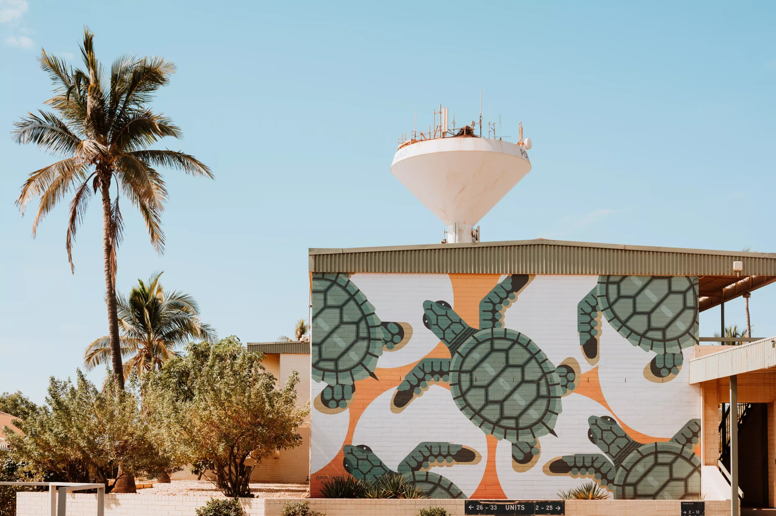 Mural of turtles at the Hedland Hotel with palm trees and blue sky in the background